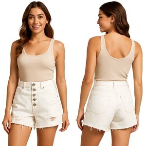 WHITE BIRCH Denim Shorts Womens Medium White Distressed Button Fly Coastal Beach